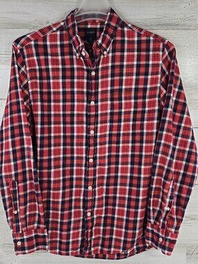 J. CREW Mens Plaid Flannel Shirt MEDIUM Red Navy Long Sleeve Button Front Cotton